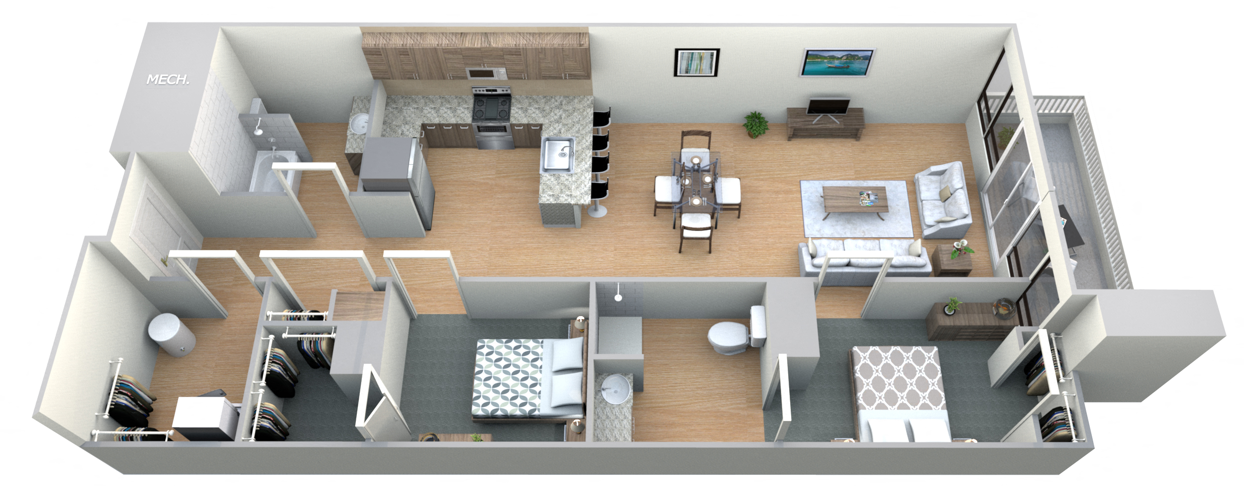 Floor plan for 2 beds, 2 baths, 1376 sqft